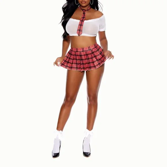 Sexy School Girl Fantasy Costume Set Plaid Skirt Tie - Picture 4 of 8